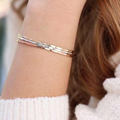 Thin Hammered Cuff, in Solid Sterling Silver, 14K Gold Fill, and Rose Gold Fill; Delicate Handmade Stacking Bracelet for Women by Lotus Stone Design - color: Silver, size: Small