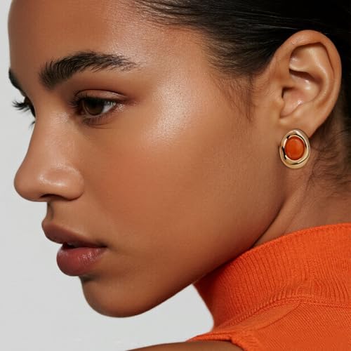 Jean Beau Chunky Gold Stone Stud Earrings for Women, Trendy Natural Gemstone Hypoallergenic Earing Valentine Jewelry Gift - color: Tangerine