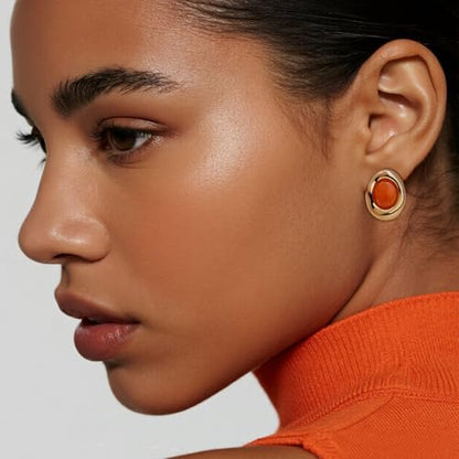 Jean Beau Chunky Gold Stone Stud Earrings for Women, Trendy Natural Gemstone Hypoallergenic Earing Valentine Jewelry Gift - color: Tangerine
