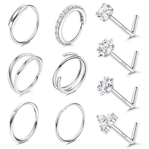 MILACOLATO 14K Gold Filled Nose Ring Studs 20G Nose Ring Hoops Hypoallergenic 316L Surgical Stainless Steel Nose Rings L Shaped CZ Nose Nostril Piercing Jewelry for Women Men 10Pcs - color: Sliver