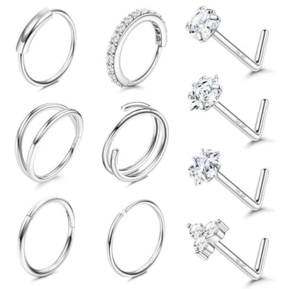 MILACOLATO 14K Gold Filled Nose Ring Studs 20G Nose Ring Hoops Hypoallergenic 316L Surgical Stainless Steel Nose Rings L Shaped CZ Nose Nostril Piercing Jewelry for Women Men 10Pcs - color: Sliver