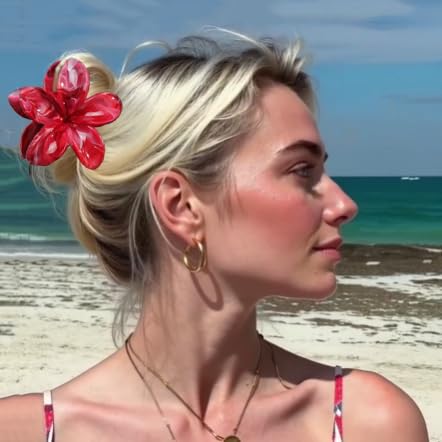 Flower Hair Clips for Women Girls Cute Claw Clips Set Wine-Red Plumeria with Marble Design Barrettes Summer Hair Clip Fashion Hair Styling Accessories for Thick Thin Hair(3Pcs:1Large 2Small) - color: Wine-Red