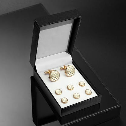 wynameleri Mens Tuxedo Shirt Button and Cuff Links Set, Classic Shirts Cufflink Studs, Formal Business Wedding Jewelry - color: Checkered-Gold
