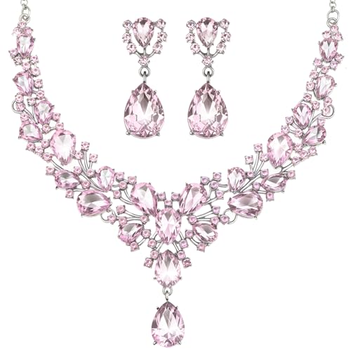 Hicarer Bridal Teardrop Cluster Crystal Jewelry Set for Women Necklace Earrings Wedding - color: Pink