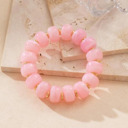 Bead Bracelet for Women Vibrant Color Resin Beads Bracelets Elastic Stretch Chunky Bracelet Boho Summer Beach Vacation Jewelry - color: DunPink