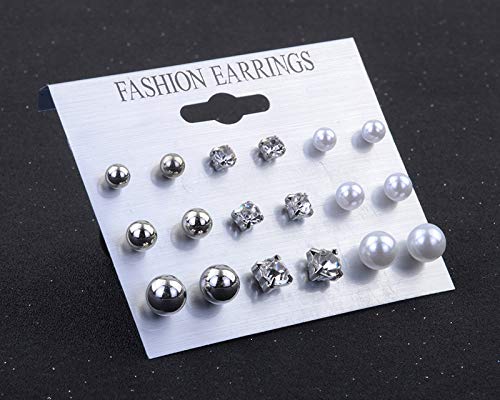CZ Stud Pearl Earrings for Women Girls Hypoallergenic Earring Set Ear Studs Jewelry for Birthday Christmas Party Gifts Silver 9 Pairs - color: Silver