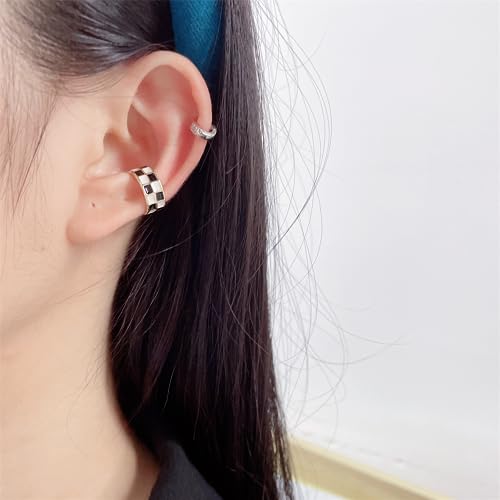 Checker Cuff Wrap Cartilage Earrings for Women Non Pierced Ear Fashion Black White Enamel Fake Hoop Hypoallergenic Jewelry Gift