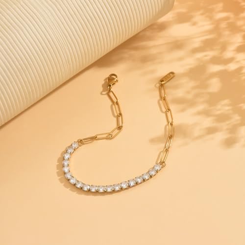 18K Gold Plated Tennis Bracelets for Women, Adjustable Cubic Zirconia Bracelet with Multi-color 4mm CZ Diamond Paperclip Chain, Dainty Trendy Birthday Bridal Jewelry Gifts for Women Daily Party Wear - color: White