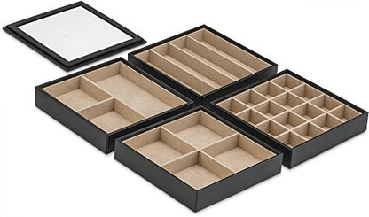 Glenor Co Jewelry Organizer Tray - 4 Stackable Trays & Lid with Mirror - 27 Slot Storage for Drawer, Dresser - Black - size: Square - 4 Trays + Lid Set - 27 Slots