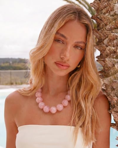 Chunky Beaded Choker Necklace for Women Boho Statement Necklace with Large Pearl Blue Brown Tone Resin Beads Summer Beach Jewelry Gifts - color: Pink