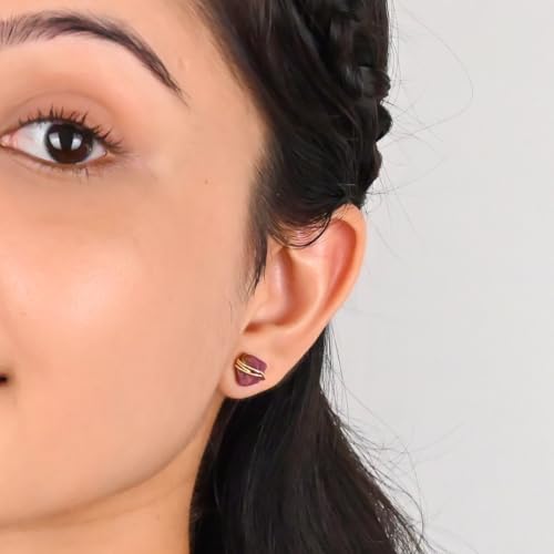 Gempires Wire Wrapped Raw Gemstone Stud Earrings for Women, Birthstone | Handmade wire-wrapped raw gemstone stud earrings — choose from stones and birthstones, artisan raw crystals on gold. - style: Ruby