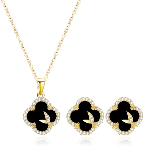 14K Gold Plated | 14K Platinum Plated Necklace for Women Necklace Earrings Set with Sparkling Zircon Inlay and Silver Post Earrings - color: clover suit gold