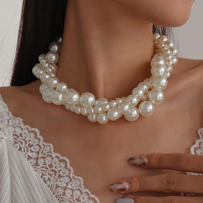 Chunky Pearl Choker Necklace - Stackable Statement Wedding Party Jewelry Gift - size: set