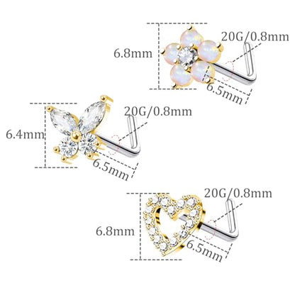 20G 3PCS Nose Ring Studs 316L Heart Nose Rings Nose Studs Butterfly and Flower Nose Stud Surgical Steel CZ L-Shaped Piercing Jewelry - color: Gold