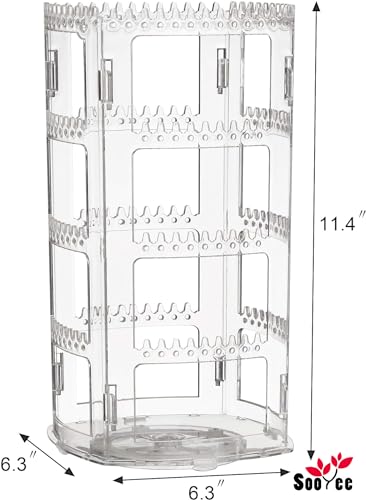 Sooyee 360 Rotating Earring Holder and Jewelry Organizer, Clear | 4 Tiers Earring Storage Display Classic Stand, 156 Holes and 160 Grooves for Necklaces Earrings Piercings - color: Clear