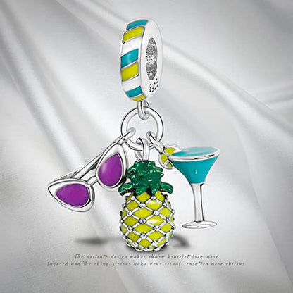 Pandach 925 Sterling Silver Charms for Bracelets and Necklaces Travel Round The World Beads Charms Relaxation Dangle Pendant,Jewelry Beads Gifts for Women - style: Pineapple Wine Glass Sunglasses Charm