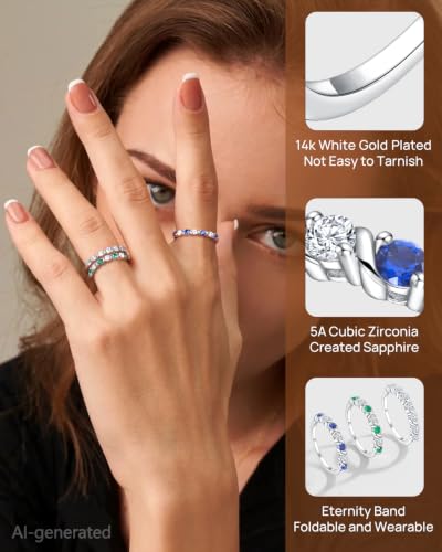 Stackable Half Eternity Rings for Women 14K Gold Plated Wedding Band | Cubic Zirconia/Emearld/Ruby/Sapphire 2.5mm Thin Promise Ring for Mom Wife friends - color: CZ/Sapphire