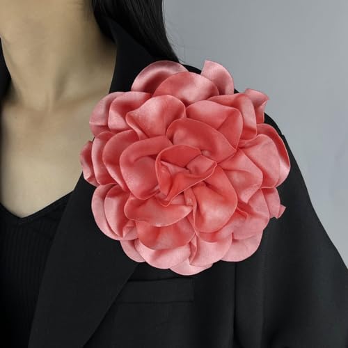 Dainty Satin Fabric Rose Flower Brooches 7.5in Extra Large Big Camellia Flower Brooches Lapel Pins for Women Wedding Party Dance Dress Clothes Accessories - color: Watermelon Red