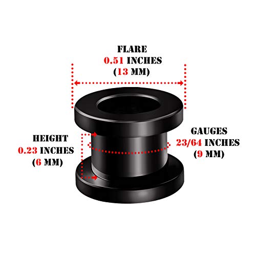 Pair of 316L Surgical Steel Black Anodized Screw-fit Piercing Jewelry Ear Stretching Lobe Plugs flesh Tunnel Earring - style: B02 2Pcs 00g (9mm)