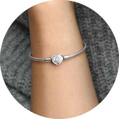 Initial Bracelet Heart Clasp Stainless Steel Snake Chain Alphabet Letter Charm Gift for Women Mom Girlfriend Wife - style: O