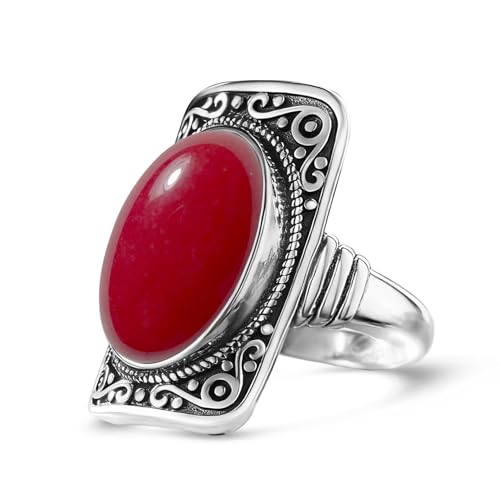 Big Natural Stone Ring,Rectangle Retro Antique Vintage Sterling Silver Genuine Crystal Quartz Gemstone Statement Wide Chunky Boho Bohemian Full Finger Ring for Women - color: A07_Red Quartz Jasper