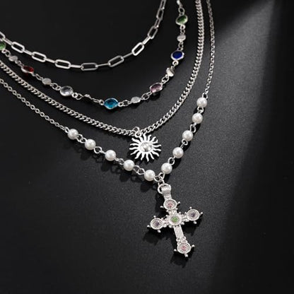 Cross Necklace for Women Gold Layered Long Cross Pendant Necklace Pearl Lariat Statement Necklaces Christian Gifts - color: C2:silver