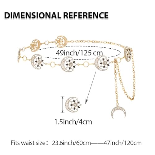 Rhinestone Moon Chain Belt Sparkly Star Waist Chain Adjustable Body Jewley for Women Dress Belt Accessory - style: Gold moon star B
