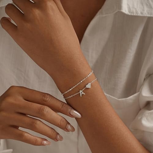 Gold Initial Bracelets for Women Trendy, Dainty Layered 14K Gold Plated Heart Letter Charm Bracelets, letter beads for name bracelets Jewelry Gifts - color: Silver-A