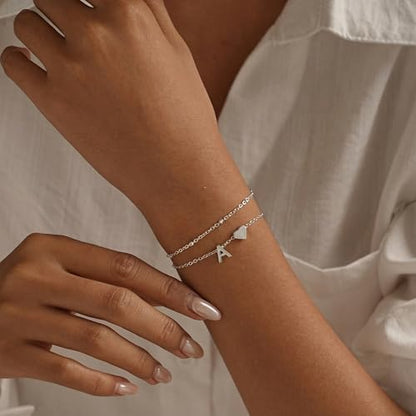 Gold Initial Bracelets for Women Trendy, Dainty Layered 14K Gold Plated Heart Letter Charm Bracelets, letter beads for name bracelets Jewelry Gifts - color: Silver-A