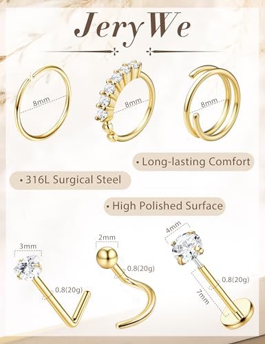 JeryWe Nose Rings for Women - 14K Gold Filled Hypoallergenic Surgical Steel Nose Ring Hoops CZ Lip Ring Screw L Shaped Studs Threadless Flat Back Stud Nose Piercings Jewelry for Women Men - style: 14K Gold Filled-CZ
