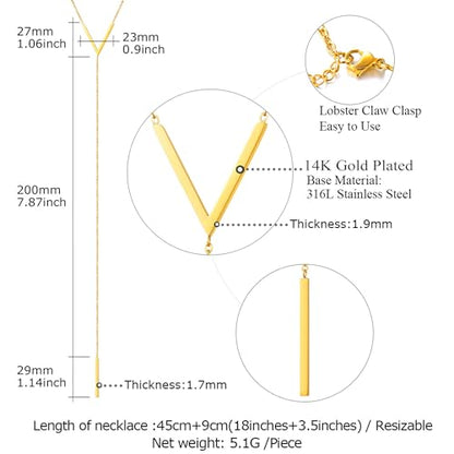 FOCALOOK Long Necklaces for Women, 14K Gold Plated Lariat Drop Bar Pendant | Hypoallergenic, 28"-30" Long Y-Shaped Chain, Layered Look, Minimalist Trendy Jewelry, Pairs Perfectly with V-Necklines - color: 02: V-Shape Gold