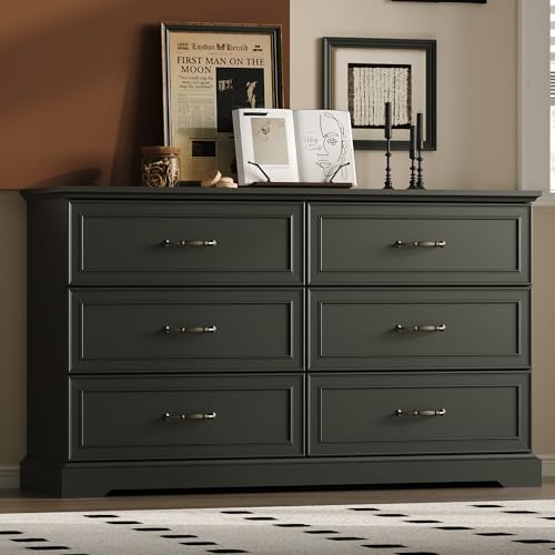 Farmhouse 6 Drawers Dresser for Bedroom, 54" Wide Modern Chest of Drawers with Deep Drawers & Bar Handles, Rustic Wood Dresser TV Stand, Wooden Closet Storage Organizer for Living Room, Hallway, Black - color: Black, size: 15.8"D x 53.2"W x 31.1"H (6 Draw