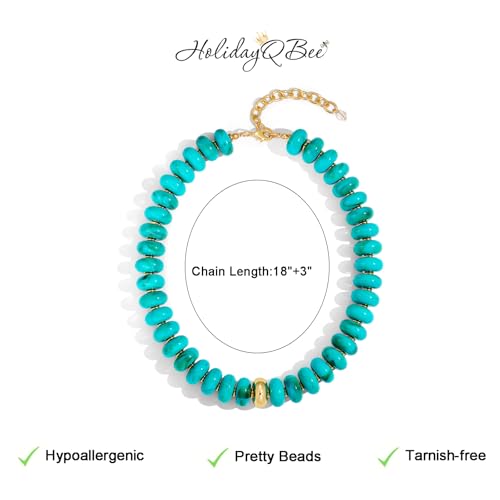 Beaded necklace for Women Boho Bead Gemstone Chunky Necklace Big Bead Necklace Fashion Trendy Summer Necklaces Jewelry Gifts - color: Turquoise&GD Beaded