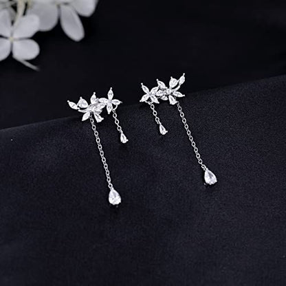 SLUYNZ 925 Sterling Silver Dainty CZ Flowers Wrap Earrings Dangle Chain for Women Elegant Dangling Earrings Bridal Earrings Wedding Engagement Drop Earrings Prom Engagement Party Jewelry - color: A-Silver