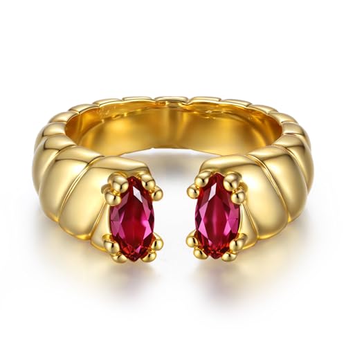 Chunky 18K Gold Adjustable Statement Ring for Women - Green Marquise Crystal Open Band, Vintage-Inspired Luxury Gift - color: Ruby