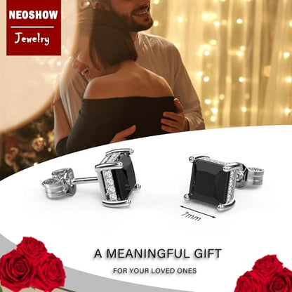 Princess Cut Cubic Zirconia Stud Earrings for Men Women | Square CZ Simulated Diamond Studs, 18K White Gold Plated Sterling Silver, Hypoallergenic - color: Black, size: 7MM