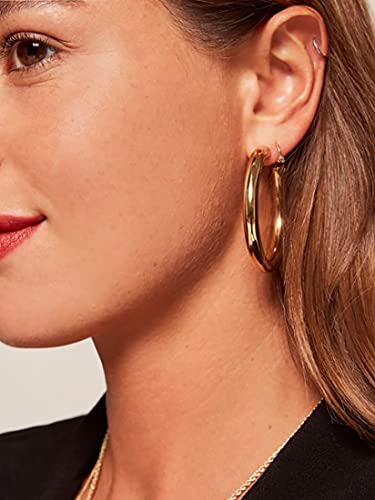 sovesi Chunky Hoop Earrings for Women, 14K Gold Plated Thick Hoops | 5mm Thick Hollow Tube Chunky Lightweight Hypoallergenic Hoop Earrings for Women - style: Gold 50MM