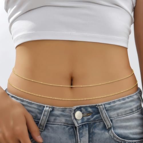 14K Gold Plated Waist Chain for Women, Layered Belly Body Chain | 2Pcs Adjustable Fit, Layered Design, Dainty Chain Styles, Bikini, Dress & Rave Outfits, Beach, Festival & Vacation - color: Gold-Plated 2