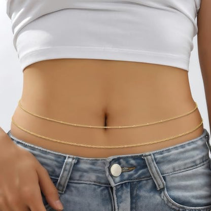 14K Gold Plated Waist Chain for Women, Layered Belly Body Chain | 2Pcs Adjustable Fit, Layered Design, Dainty Chain Styles, Bikini, Dress & Rave Outfits, Beach, Festival & Vacation - color: Gold-Plated 2