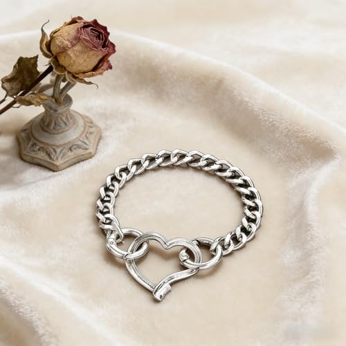Heart Bracelet for Women, Chunky Silver Chain Clasp Charms Stainless Steel Link Buckle Statement Jewelry Accessories Gifts - color: Silver OO Heart