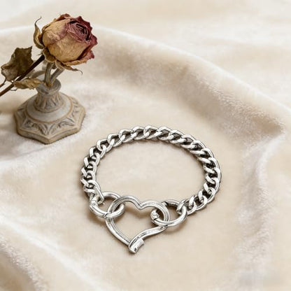 Heart Bracelet for Women, Chunky Silver Chain Clasp Charms Stainless Steel Link Buckle Statement Jewelry Accessories Gifts - color: Silver OO Heart