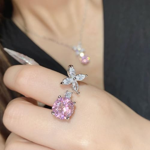 Elegant Jewelry Set Necklace for Women，Adjustable Dainty Cubic Zirconia Trendy Choker Pendant Necklace+Earrings+Ring, Mother's Day Valentine's Day Gifts Pendant Set for Women 3PCS - color: purple Flower