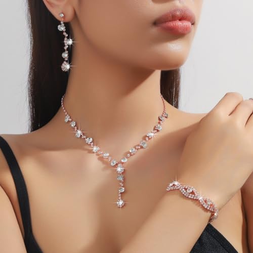 Prom Earrings Necklace Bracelet Set Elegant Crystal Rhinestone Necklace Earrings Bracelet Bridal Wedding Prom Dresses Costume Outfit Gold Jewelry Sets for Women - color: Rose Gold B