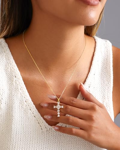 Cross Necklace for Women, 14K Gold Plated Cubic Zirconia Cross Pendant Necklace, Trendy Christian Jewelry Gifts for Baptism First Communion Christmas - color: Style F - Gold