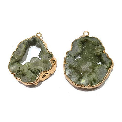 Natural Stone Pendant, Irregular Plated Gold Edge Crystal Agate Stone Pendant for Jewelry Making DIY Necklace Charms 25X30-35X45mm (2 Pcs) - color: olive green