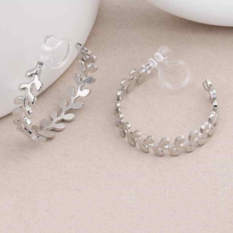 Hoop Invisible Clip On Earrings for Women Not Pierced Gold Small Twisted Hoop Comfortable Silver Large Clip On Earrings - color: Laurel Wreath Hoop Silver
