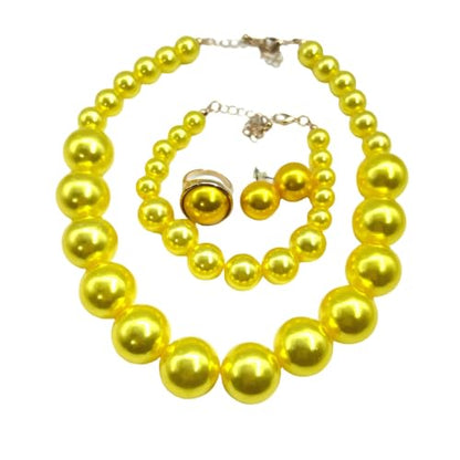 White Faux Pearl Necklace and Earrings Set Big Large Pearl Bead Ball Beaded Choker Necklace Black Pink Pearls Statement Bracelet Ring for Women - color: yellow