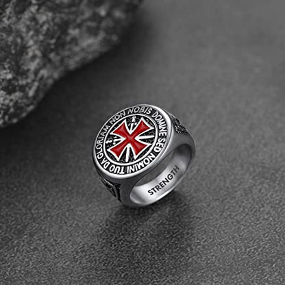 FaithHeart Mens Stainless Steel Crusader Jerusalem Cross Ring with 18K Gold Plated Two Tone Ring Size 7,8,9,10,11,12 - color: 06. Crusader Cross-Silver(Custom)