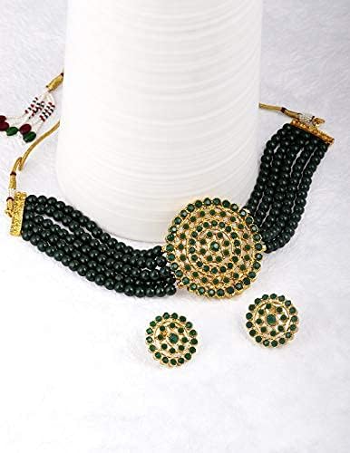 Aheli Pearl Diamond Choker Necklace & Round Earrings Gift for Women Indian Traditional Bollywood Fashion Bharatanatyam jewellery set - color: Green 2