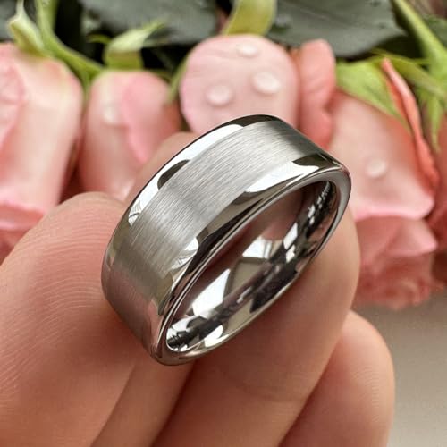 TUTISS 8mm Silver/Black/Gunmetal/Gold Tungsten Rings for Men Women Fashion Engagement Wedding Bands Matte Polished Pipe Cut Comfort Fit - color: 8mm Silver Tungsten